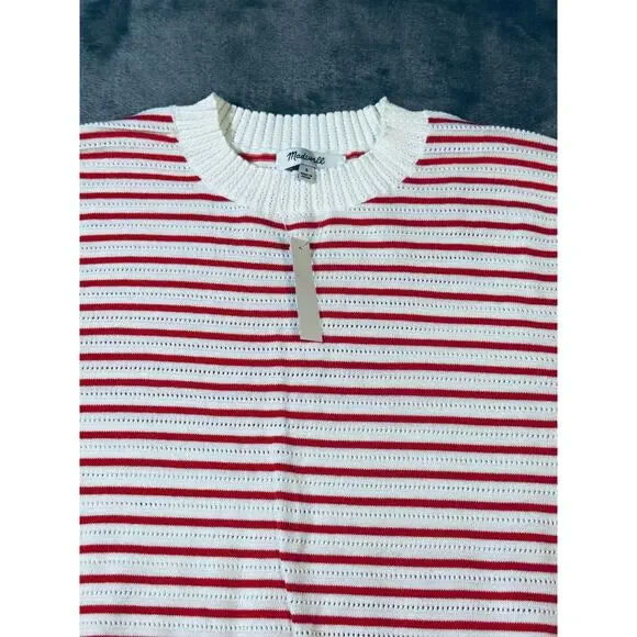 NWT Madewell Size Small Textural-Stitch Cotton Sweater Short Sleeve Red White - Picture 6 of 9